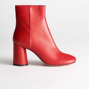 & Other Stories Red Leather Block Heel Ankle Boots Round Toe Size 40